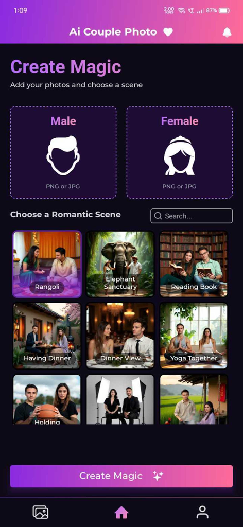 Couple - AI Photo Generator - Interfaz de usuario de la aplicación Couple AI Photo Generator para seleccionar escenas románticas y subir fotos.