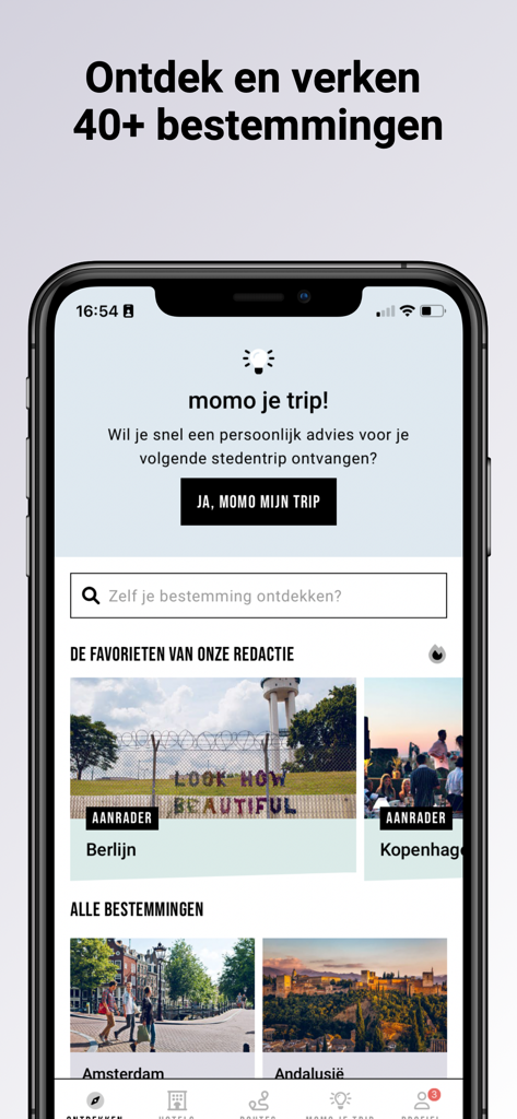 Time to Momo: stedentrips - Time to Momo app home screen displaying curated city trip recommendations for Berlin and Copenhagen