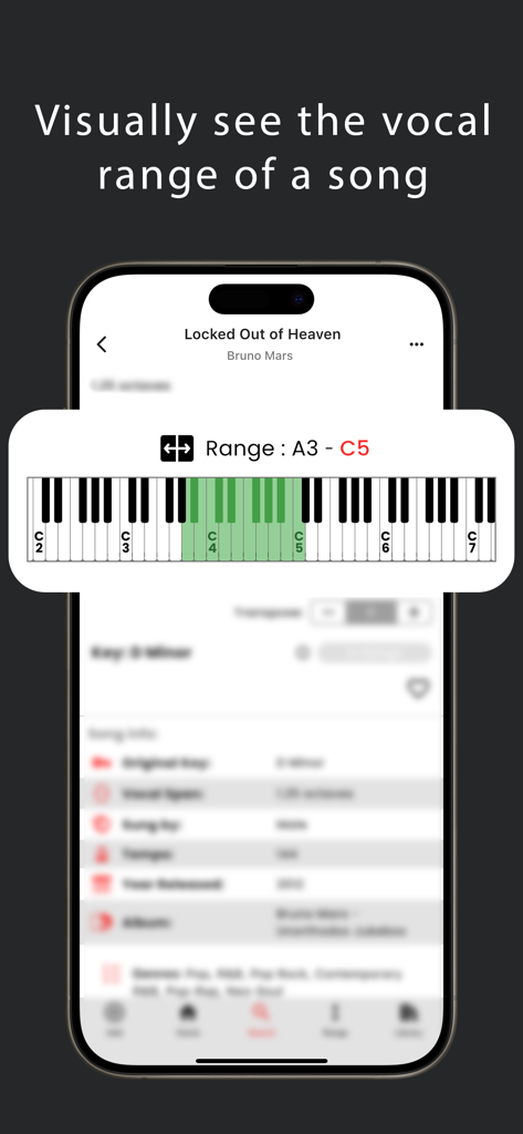 보컬 게이지 앱이 브루노 마스의 'Locked Out of Heaven' 노래의 음역대를 피아노 건반에 표시하는 모습