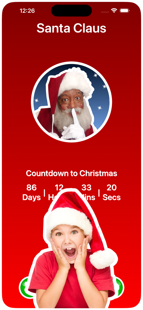 Santa Calls & Texts You - Mobile app interface of Santa Calls and Texts You featuring a Santa Claus portrait and a countdown timer to Christmas Day.