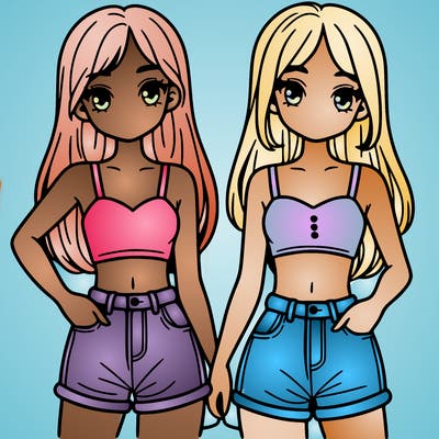 two sisters with crop tops and jean shorts and straight hair
