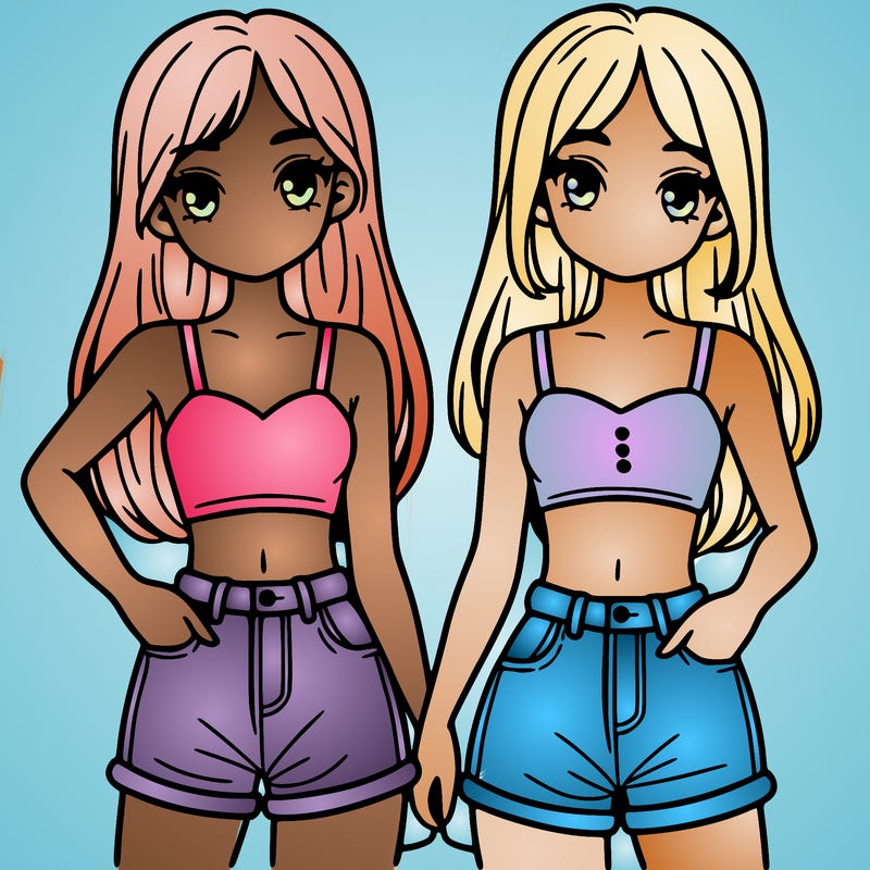two sisters with crop tops and jean shorts and straight hair