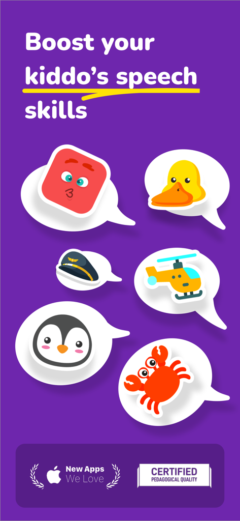 Otsimo | Speech Therapy SLP - Werbebildschirm für die Otsimo Sprachtherapie-App mit bunten Cartoon-Aufklebern und Bildungszertifizierungsabzeichen auf lila Hintergrund