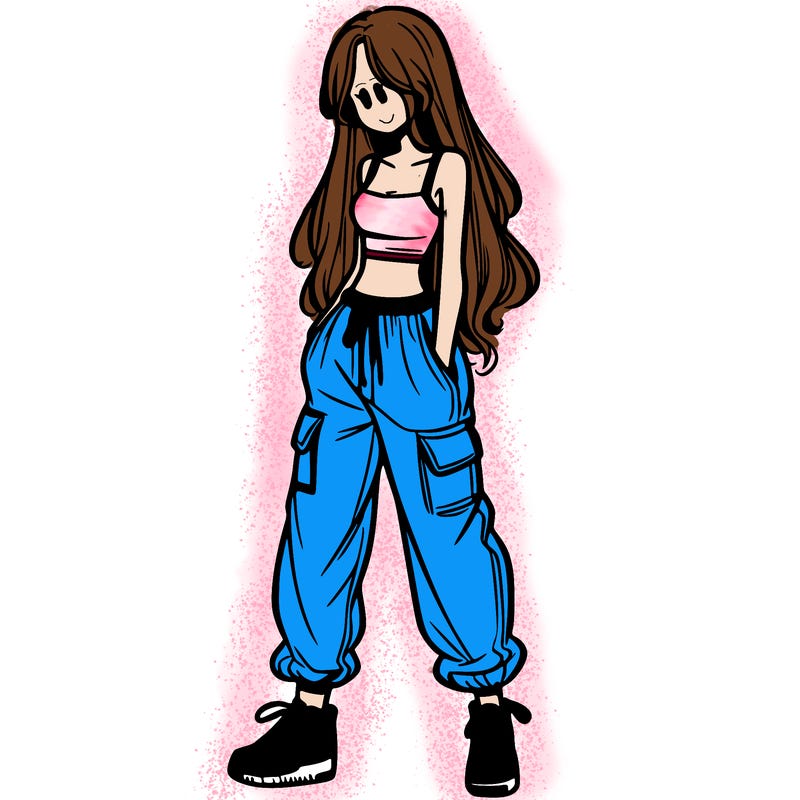 girl in baggy pants crop top and long hair