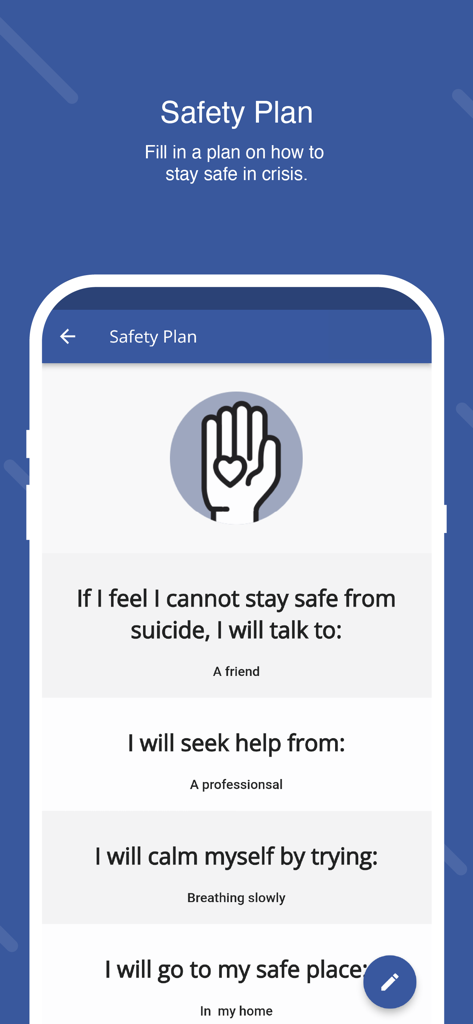 Stay Alive - Stay AliveアプリのSafety Planインターフェース。パーソナライズされたcrisis管理ステップが表示されています。