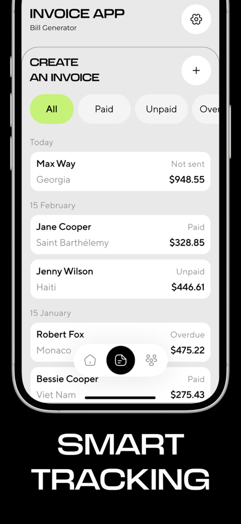 Invoice app: Bill Generator - Interface do aplicativo móvel mostrando uma lista de faturas com status de pagamento e recursos de rastreamento inteligente