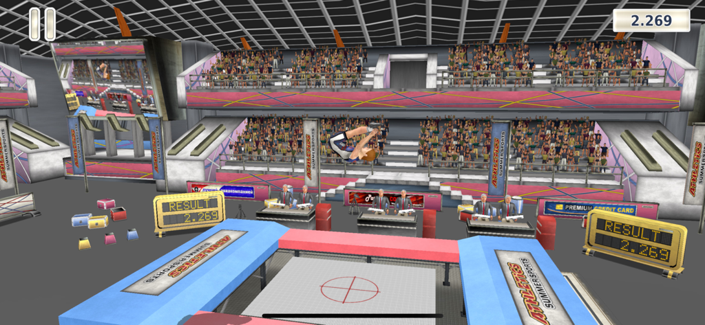 Athletics 3: Summer Sports - Jugabilidad de la prueba de trampolín en Athletics 3 Summer Sports que muestra a un atleta en el aire