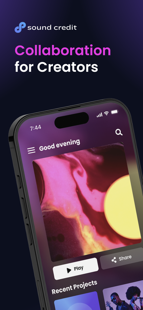 Sound Credit mobile app interface showing collaboration features for music industry professionals