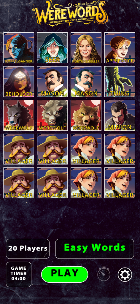 Werewords character role selection screen