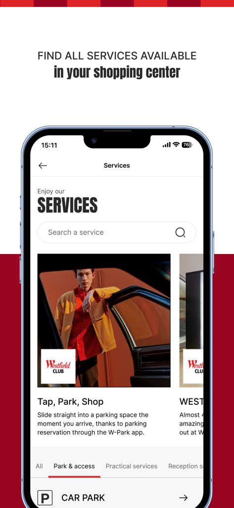 Westfield shopping app services screen featuring the smart parking reservation option.