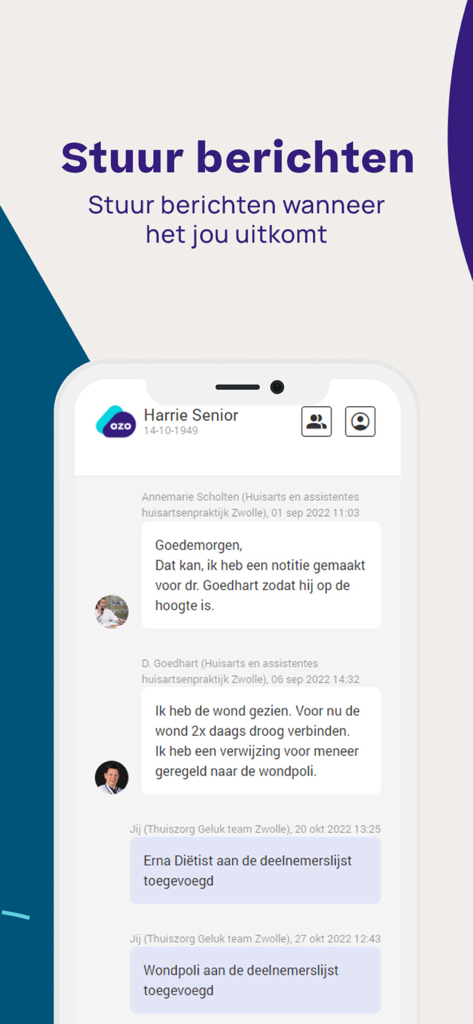 A smartphone screen displaying the OZO app's secure messaging interface for coordinating patient care between healthcare providers and family.
