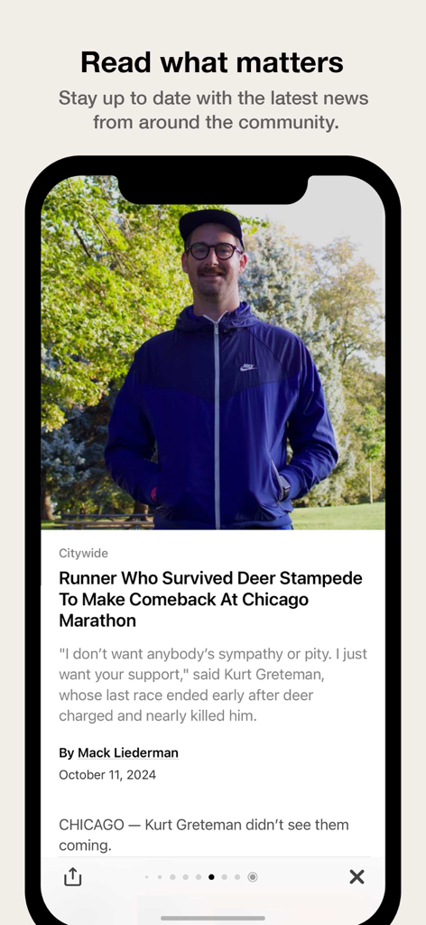 Block Club Chicago mobile app screen displaying a local news story about a runner at the Chicago Marathon