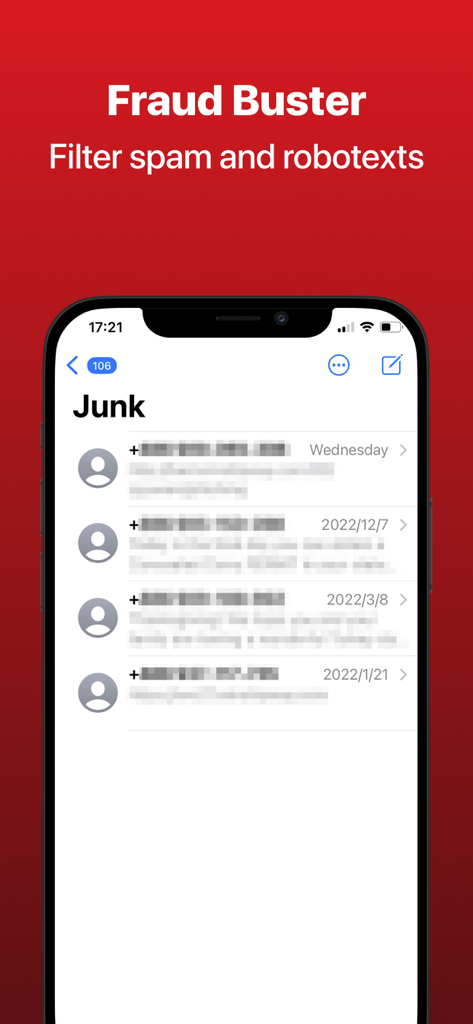 Trend Micro Fraud Buster feature filtering spam and robotexts on an iPhone junk folder