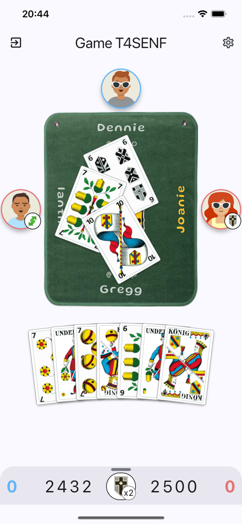 JassPro - A gameplay screen of JassPro showing a digital table with four players and traditional Swiss German cards.