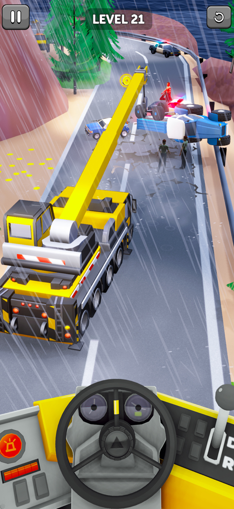 Gameplay d'un camion grue jaune effectuant un sauvetage sur une route de montagne pluvieuse