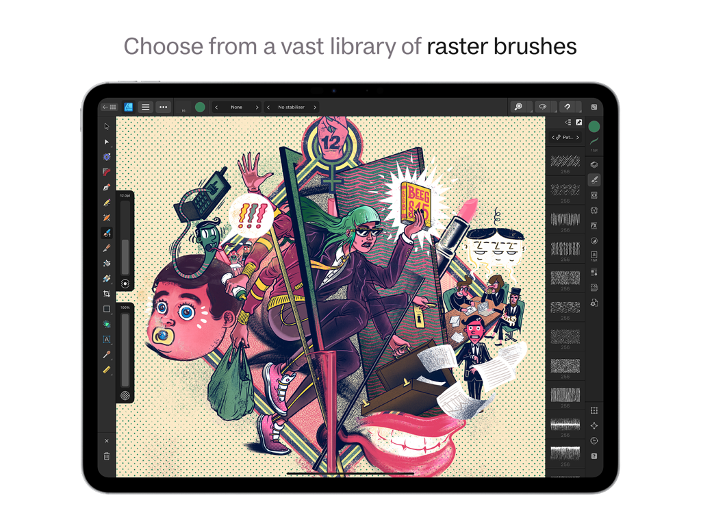 Affinity Designer 2 for iPad - Affinity Designer 2 for iPad interface displaying raster brushes library and a complex digital illustration