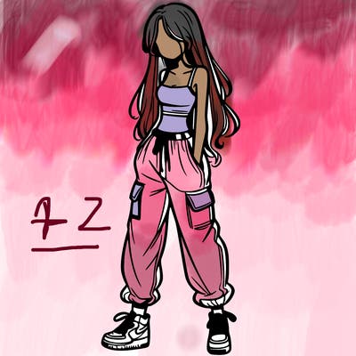 girl in baggy pants crop top and long hair