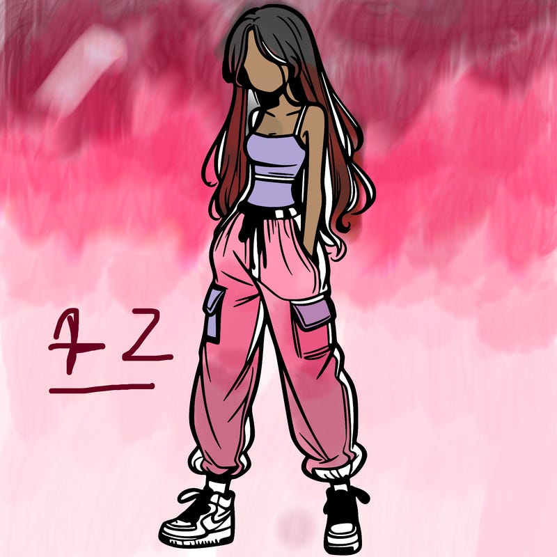 girl in baggy pants crop top and long hair