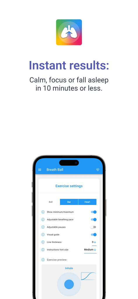 Breath Ball: Breathing & HRV - Pantalla de la aplicación móvil Breath Ball que muestra la configuración personalizable del ejercicio de respiración.