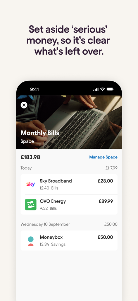 Starling - Mobile Banking - Starling Bank Mobile-App-Oberfläche, die den monatlichen Rechnungs-Space mit einer Liste der letzten Transaktionen anzeigt.