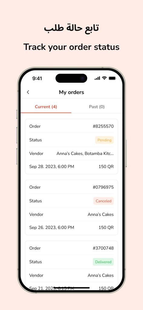 Carts- Catering & Event Setups - Écran d'application mobile montrant la fonction de suivi de votre commande avec une liste des commandes de restauration actuelles et passées