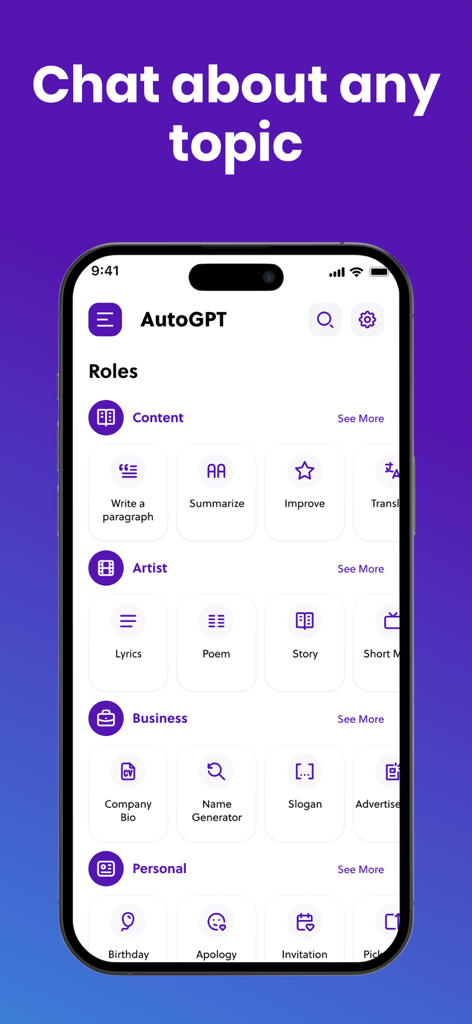 AutoGPTチャットボットアプリのAIライティングおよびクリエイティブタスクのメニュー。