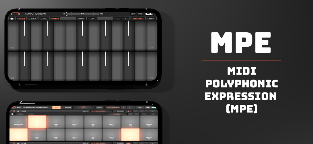 KB-1 Keyboard Suite interface showing MPE controls and drum pad layouts