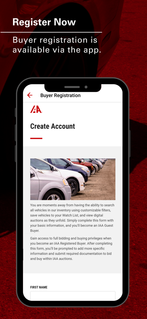 IAA Buyer Salvage Auctions - Schermata di registrazione dell'app IAA Buyer Salvage Auctions per creare un nuovo account