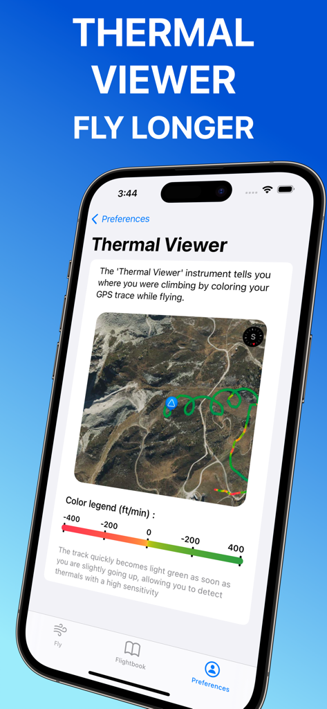 App tracker di parapendio Wingman che mostra la funzione di visualizzazione termica con una traccia di salita GPS colorata su una mappa satellitare.