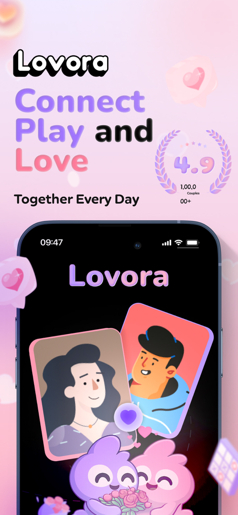 Tela inicial do aplicativo Lovora com ilustração de um casal e o slogan Conecte-se, Jogue e Ame Todos os Dias
