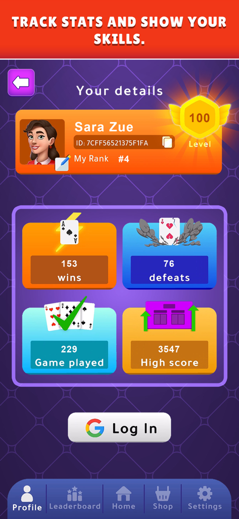 Tarneeb Online - Tarneeb Online player profile screen showing game stats level and rank