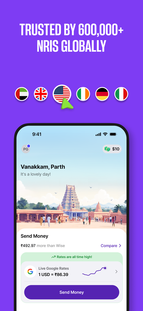 Aspora-App-Oberfläche mit Anzeige von Live-Google-Wechselkursen für Geldüberweisungen nach Indien mit einer vertrauenswürdigen Nutzerzahl