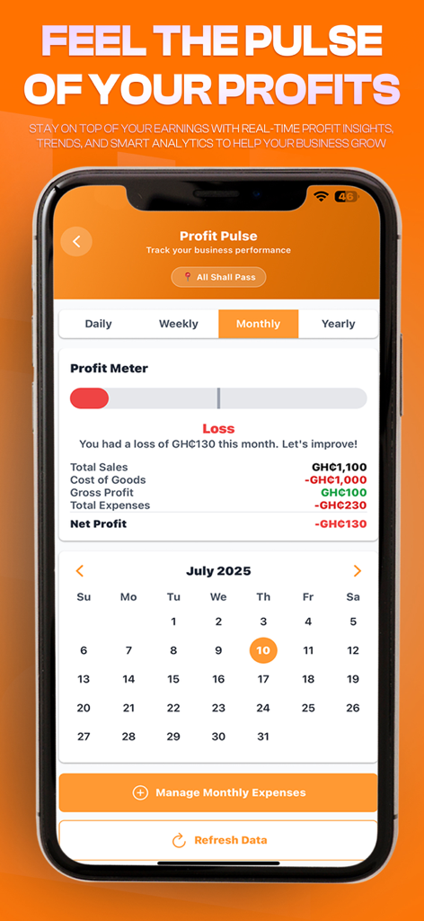 Tela do aplicativo móvel REE SERVICES mostrando análise de lucro mensal e insights de desempenho de negócios