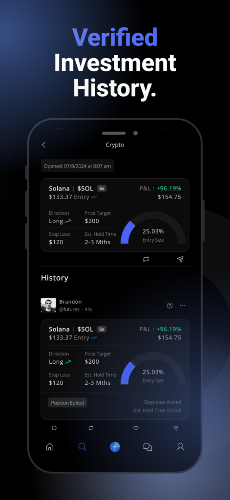 involio - Involio app interface showing a verified investment history for a Solana trade with detailed metrics like P&L and entry price.