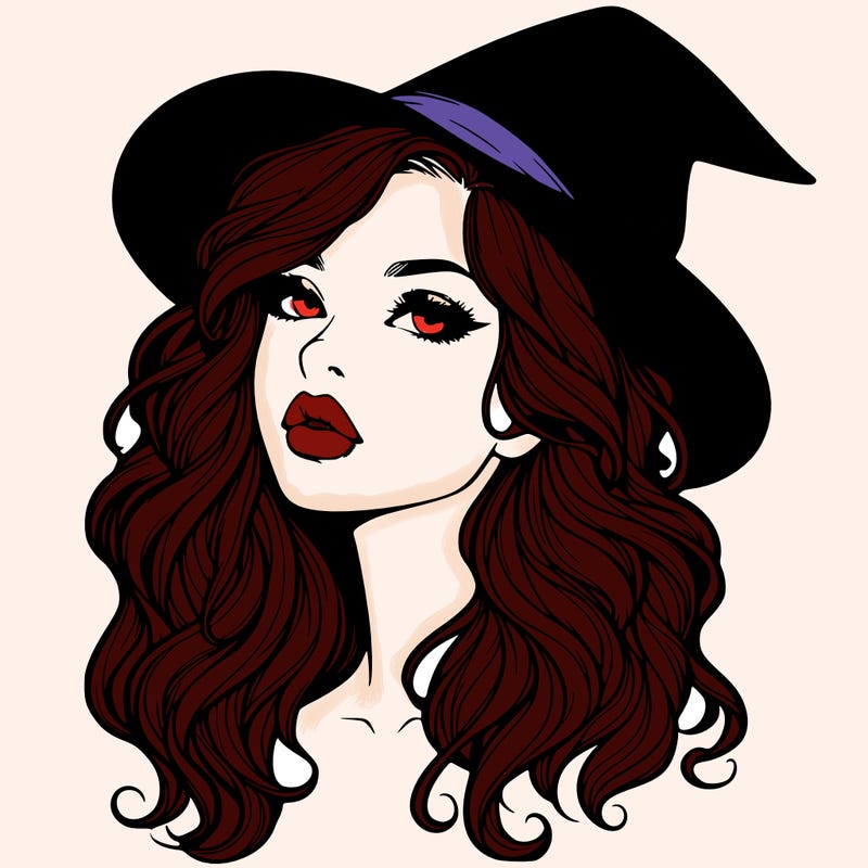 realistic witch girl with wavy hair and lips
