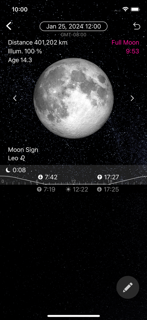 Detailed view of a full moon in the Simple Moon Phase Calendar app showing illumination percentage moon sign Leo and astronomical distance