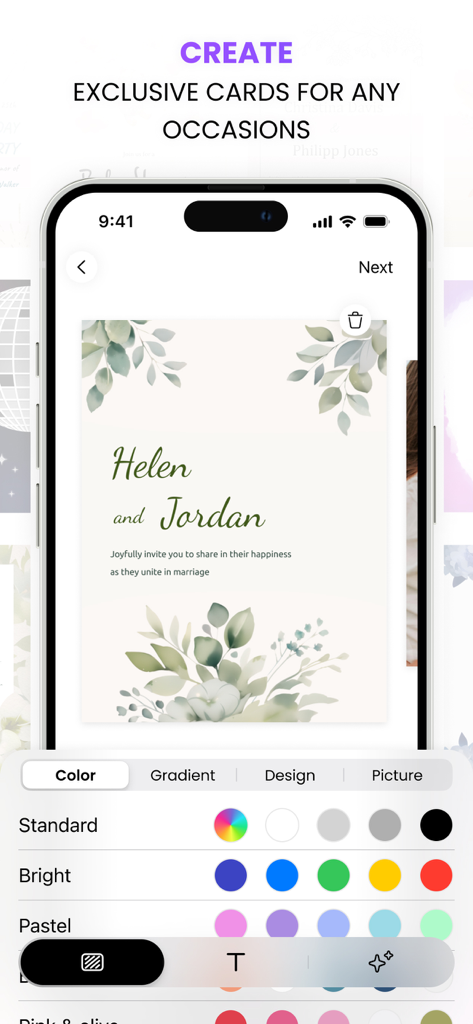 Invitation Maker: AI Invite - Wedding invitation design interface in Invitation Maker app featuring floral patterns and a color selection tool