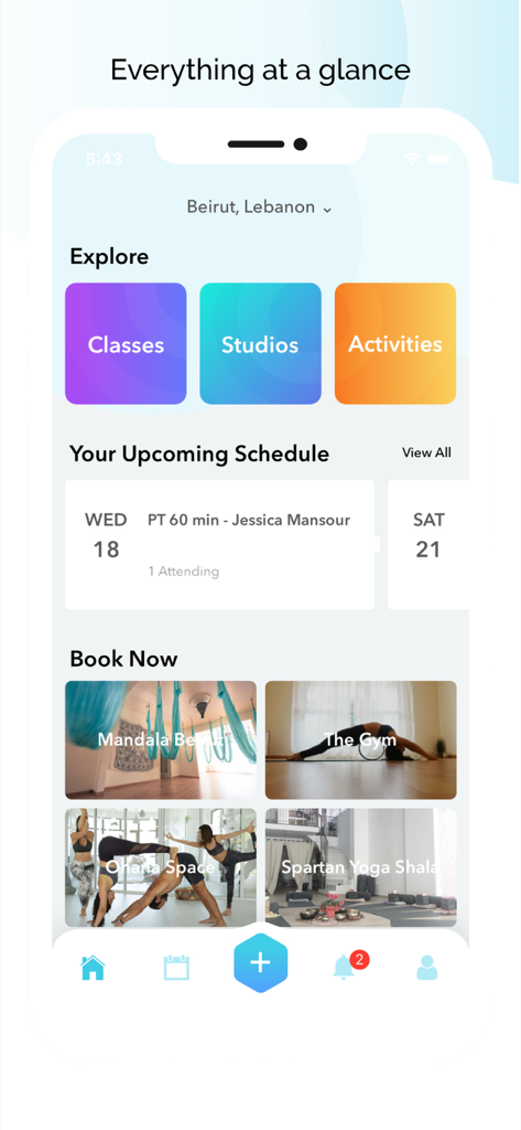 フィットネスクラスの予約オプションと今後の個人スケジュールを表示するIn2モバイルアプリのダッシュボード