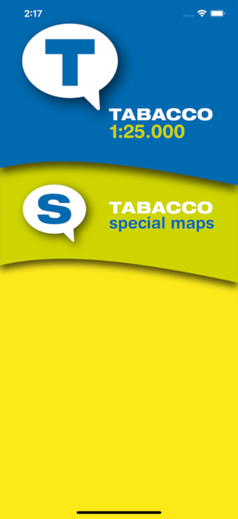 TABACCOmapp - TABACCOmapp app interface showing choices for standard 1 to 25000 topographic maps and special maps