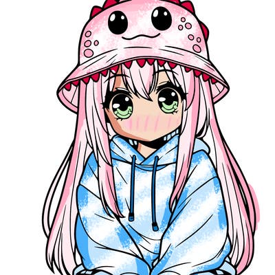 girl with anime shaped eyes with a dinosaur bucket hat oversized sweatshirt long straight hair