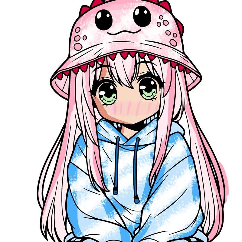 girl with anime shaped eyes with a dinosaur bucket hat oversized sweatshirt long straight hair