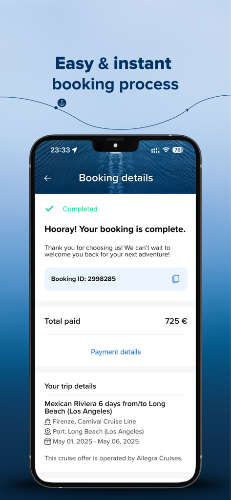 ChooseCruiseアプリでのメキシコのリビエラ旅行のクルーズ予約確認が成功したことを示すスマートフォンのディスプレイ。