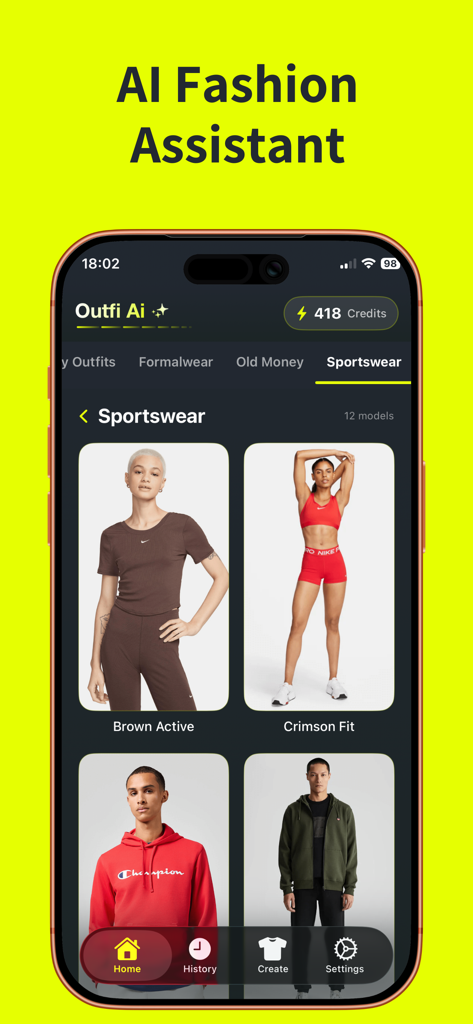 AI Clothes Changer: Outfi AI - 남성과 여성을 위한 다양한 AI 생성 스포츠웨어 의상을 보여주는 Outfi AI 모바일 앱 인터페이스