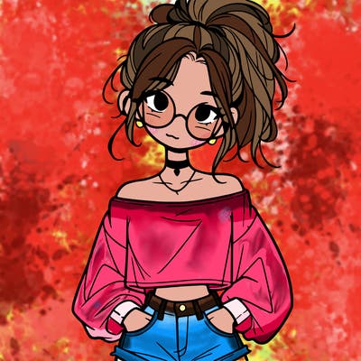 girl with a messy ponytail glasses a baggy crop top and jean shorts