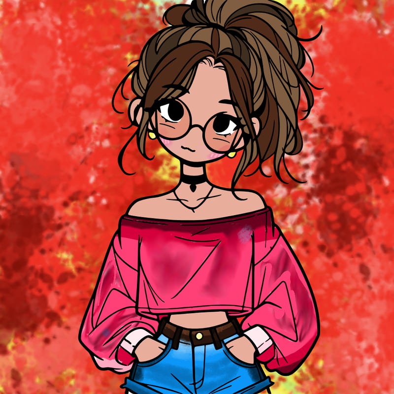 girl with a messy ponytail glasses a baggy crop top and jean shorts