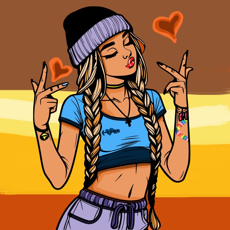 realistic teenage girl with braids and a beanie and crop top doing 🫶🏼