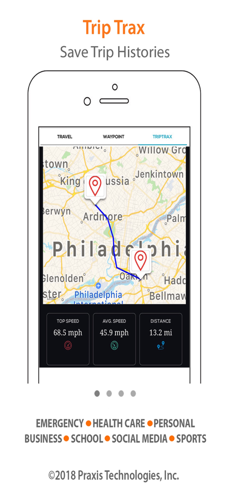 Autumn Alert: Personal Safety - Autumn Alert App-Oberfläche zeigt die Trip Trax-Funktion mit einer Reiseroute auf einer Karte und Reiseinformationen.