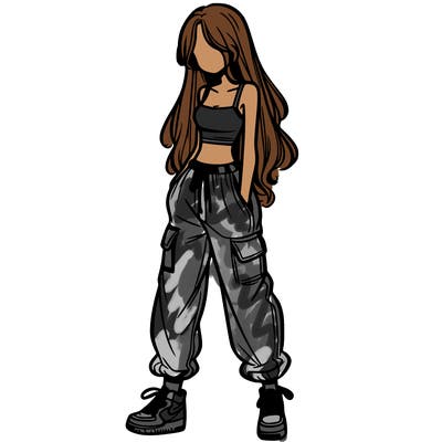 girl in baggy pants crop top and long hair