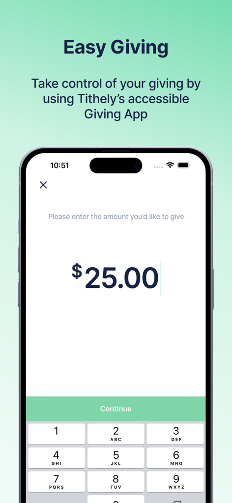 Interface do aplicativo Tithe.ly mostrando um valor de doação de 25 dólares com um teclado numérico para doações fáceis