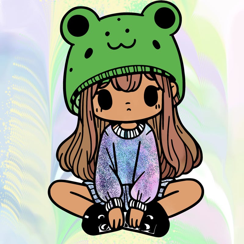 a girl wearing a frog hat and some frog socks
